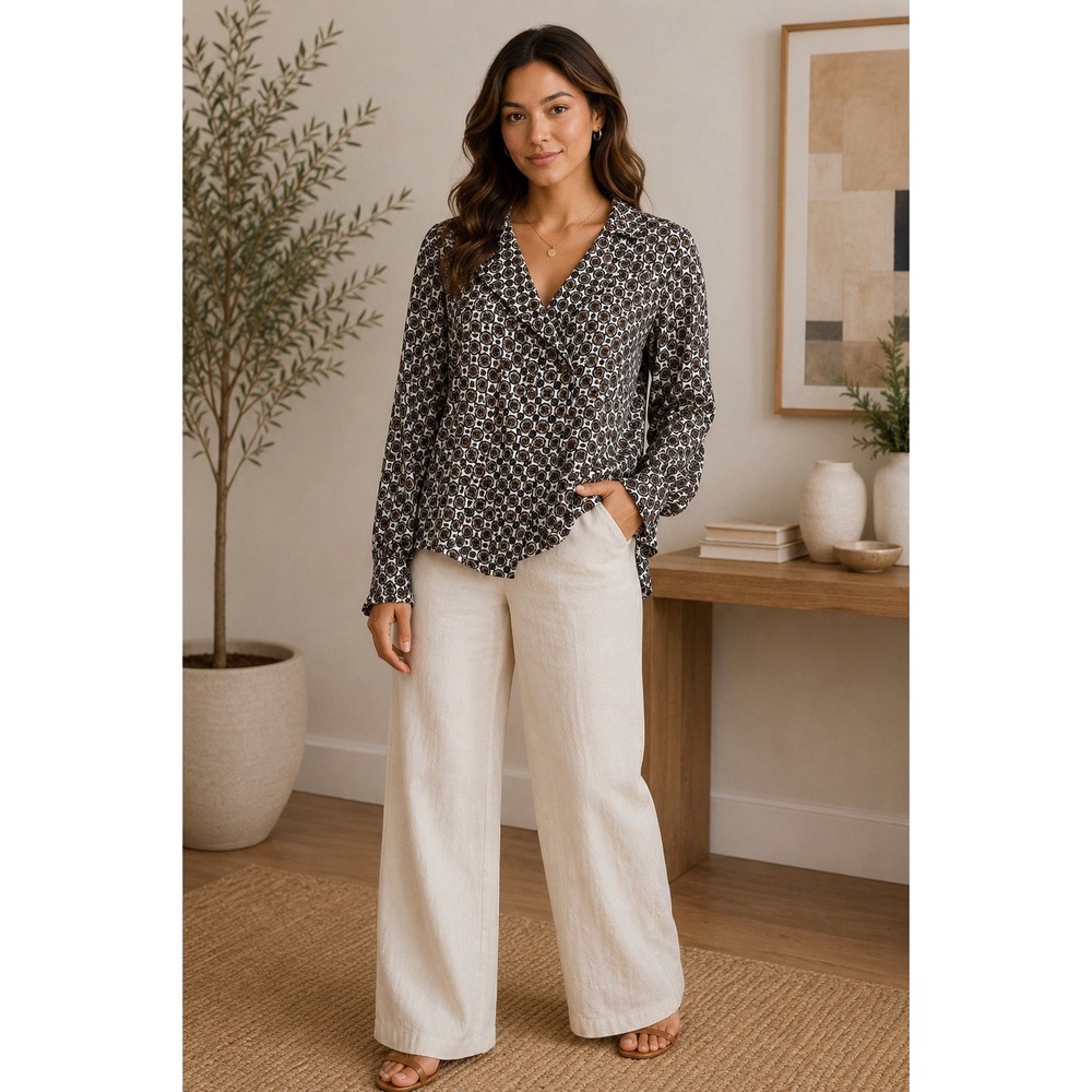 LEITH Womens L Geometric Print Button Front Blouse 100% Viscose Long Sleeve 3671